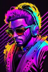 DJ in action, Cyberpunk Man with Glasses, DJ in headphones, Person in the night, Man in the club, Neon Party, Generative AI