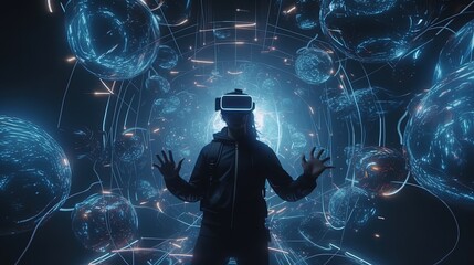 man wearing VR glasses in floating world, digital art illustration, Generative AI