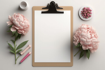 clipboard mock up with blank sheet of paper (DIN A4, portrait format), two yarn spools and a bunch of pink peonies on a white table - copyspace for design or text Generative AI