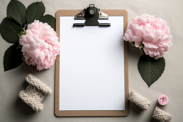 clipboard mock up with blank sheet of paper (DIN A4, portrait format), two yarn spools and a bunch of pink peonies on a white table - copyspace for design or text Generative AI