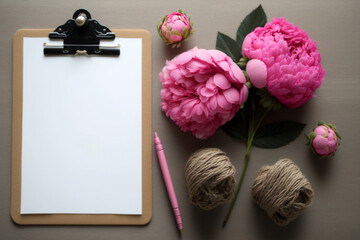 Obraz na płótnie Canvas clipboard mock up with blank sheet of paper (DIN A4, portrait format), two yarn spools and a bunch of pink peonies on a white table - copyspace for design or text Generative AI