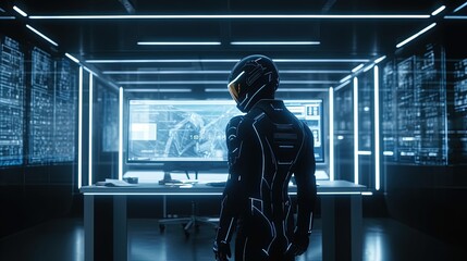 man wearing futuristic helmet stand in front computer, digital art illustration, Generative AI