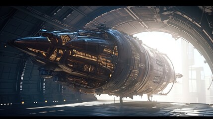 massive spaceship hovers, digital art illustration, Generative AI