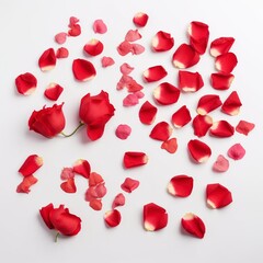 red rose petals isolated on white background.