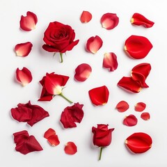 red rose petals isolated on white background.