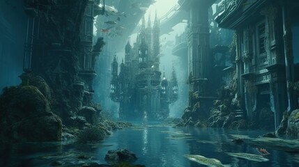 mystical underwater city, digital art illustration, Generative AI