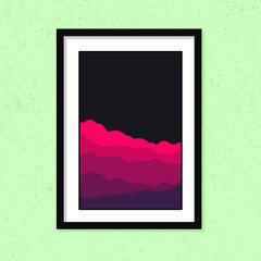 Minimalist beautiful burgundy hill landscape for wall decoration frames isolated on green color background.