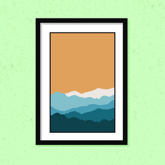 Minimalist beautiful vintage hill landscape for wall decoration frames isolated on green color background.