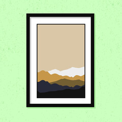 Minimalist beautiful hill landscape for wall decoration frames isolated on green color background.