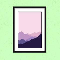 Minimalist beautiful purple hill landscape for wall decoration frames isolated on green color background.