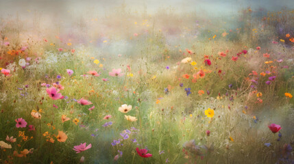 Fototapeta na wymiar Spring colorful wildflower field background. Generative AI