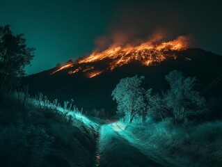 fire in the mountains at night.