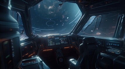spaceship cockpit with planet, digital art illustration, Generative AI