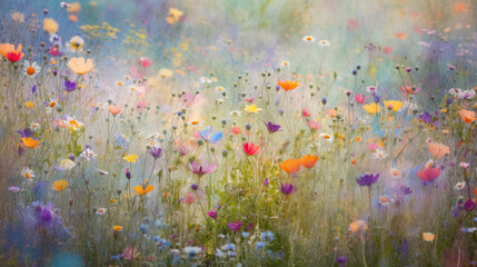 Obraz na płótnie Canvas Spring colorful wildflower field background. Generative AI