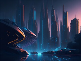 "A futuristic city skyline with flying cars and neon lights"
