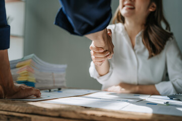 Handshake, contract deal and business partnership of  meeting with shaking hands. Networking, hiring and professional negotiation of onboarding collaboration and congratulations of project