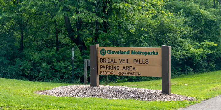 Sign of Cleveland metro parks showing location of Bridal veil water falls parking area.