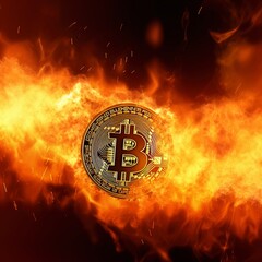 Burning Bitcoin symbol on black background.