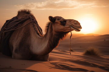 a camel looking at the sunset
