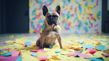 Generative Ai image of a french bulldog with sticky notes
