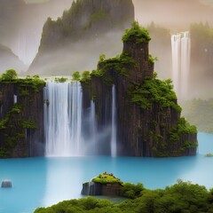 A surreal dreamscape of floating islands, with waterfalls cascading into the abyss below1, Generative AI