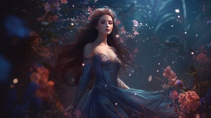 fantasy woman with long hair, digital art illustration, Generative AI