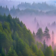 A digital abstract landscape of a forest at dawn, with mist rising from the trees and soft pinks and blues in the sky1, Generative AI