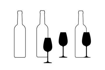 Wine bottles and glasses black icons collection. Vector elements on white background. Best for print, package, mobile apps, UI and web design.