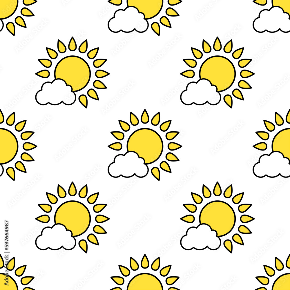 Wall mural sun and cloud vector seamless pattern. stylized elements with black outline on white background.