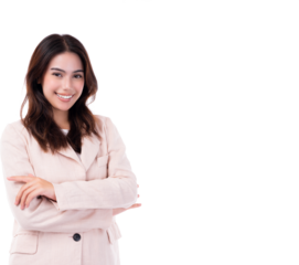Portrait smiling young business woman crossed arms Happy girl posing with crossed arms and looking at camera over white background and copy space Confident female get happy and feel relax Successful