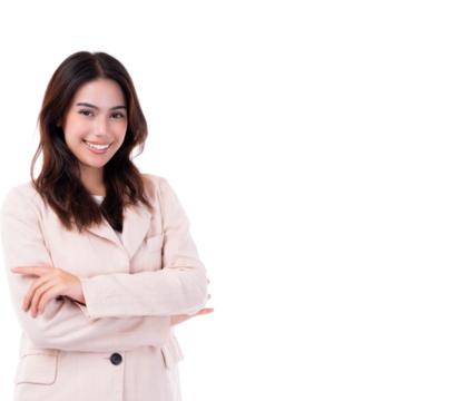 Portrait smiling young business woman crossed arms Happy girl posing with crossed arms and looking at camera over white background and copy space Confident female get happy and feel relax Successful