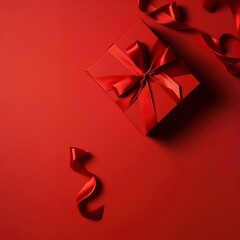 red gift box with ribbon on red background.