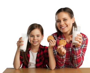 Happy mother and her daughter smiling while drinking milk and eating