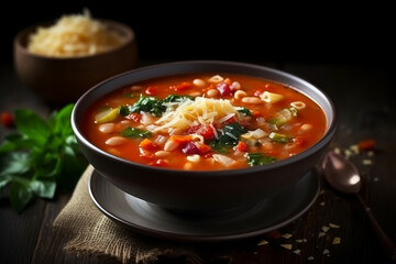 Minestrone soup, Italian food. AI Generated.
