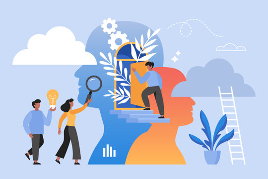 Psychology and mental health business concept. Vector illustration of people searching for psychological help