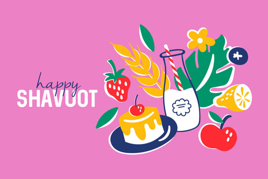 Jewish holiday shavuot greeting card design with fruits, wheat ears and milk bottle. Childish print for background, banner or poster design
