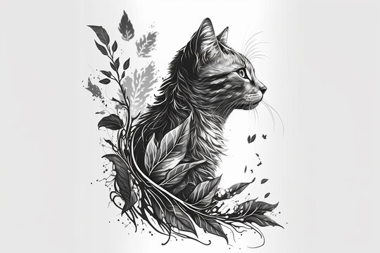 Artistic Cat With Innovative Plant Art on White Background with generative AI technology