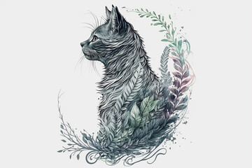 Obraz premium Artistic Cat With Innovative Plant Art on White Background with generative AI technology