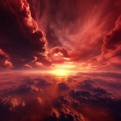 Obraz premium Red, orange, and yellow sunlight shines through the evening's sunset sky clouds.