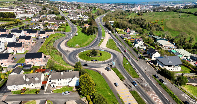 Aerial photo of Highways Roundabout near Residential homes in Larne Co Antrim Northern Ireland