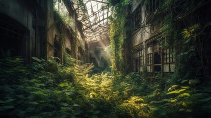 Exploring the untamed beauty of a jungle power plant ruin: a stunning photo journey with natural elements like trees, fog, and sunlight, Generative ai