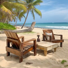lovely beach. Chairs by the water on the sandy beach. Tourism idea for summer vacations and holidays.