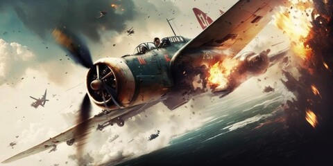 World war II fighter plane battle in dogfight in the sky. superlative generative AI image. - obrazy, fototapety, plakaty