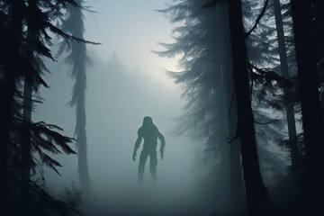 silhouette of giant scary monster in foggy forest
