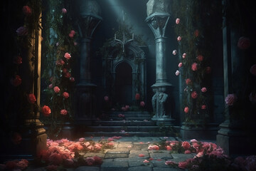 Fototapeta na wymiar beautiful abandoned ruins covered with pink roses