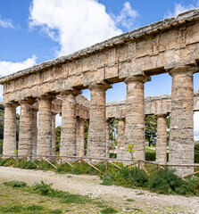 Fototapeta na wymiar View of the well-preserved Doric Temple of Segesta, located outside the site of the ancient city of Segesta, Province of Trapani, Sicily, Italy 