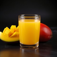 glass of fruit juice and fruits on black background.