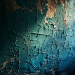 The wall paint is flaking blue. An ancient concrete wall with peeling, fractured paint. rough, weathered paint surface with peeling and cracking patterns.