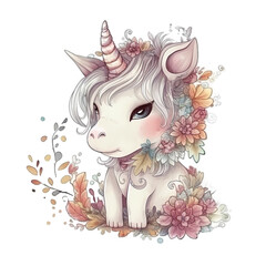 Cue Boho Unicorn on white background, Illustration AI
