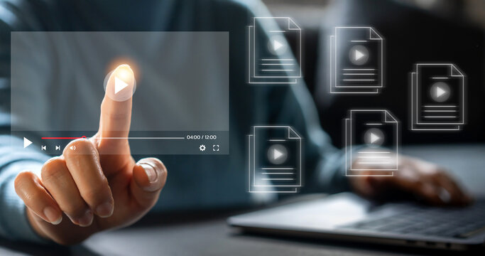 Human use laptop watching streaming online on internet, video, live, movies, live concert, content, podcast, online education, show or tutorial, webinar, multimedia player and entertainment concept